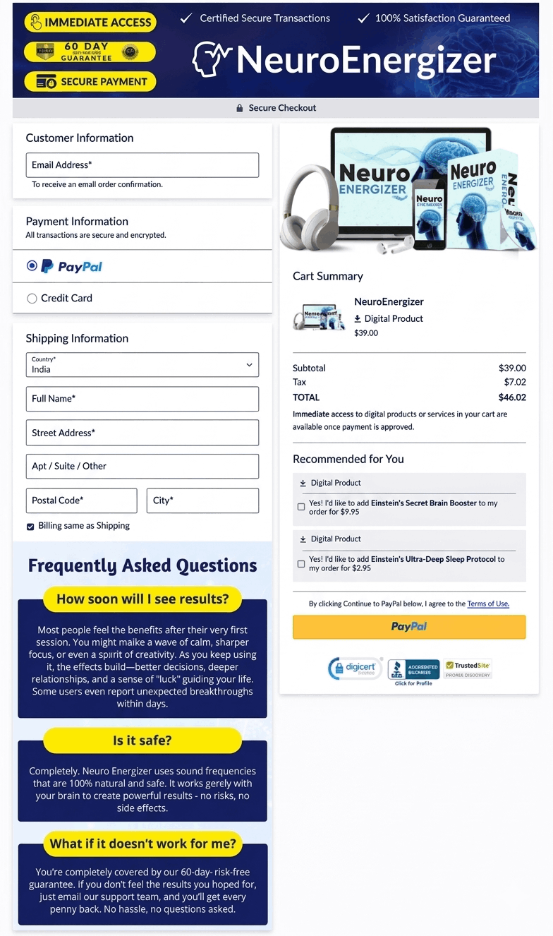 Neuro Energizer secure checkout page with digital product access